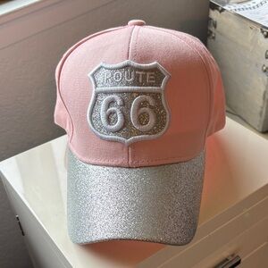 NWOT Route 66 Adjustable Baseball Hat with Silver Glitter Brim